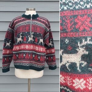 Vintage 90s Alps Retro Christmas Reindeer Fair Isle Ski Apres Pullover Sweater M